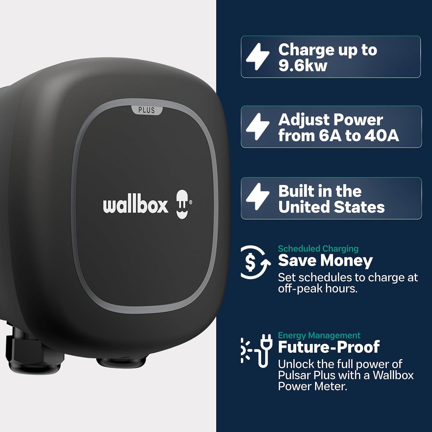 Wallbox Pulsar Plus Level 2 Smart EV 48 Amp Charger, WiFi, Bluetooth, Energy Star and UL Certified, 25ft Cable, Indoor & Outdoor EVSE, Hardwired, Assembled in USA. Authorized Dealer