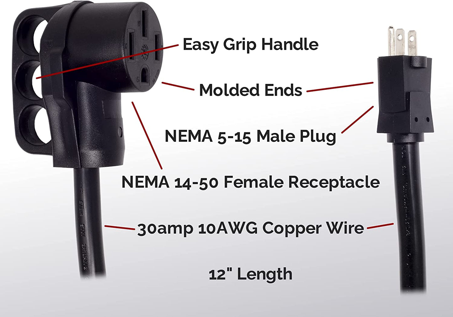 Inteset - NEMA 5-15P to 14-50R EV Adapter Cord ~ 12in (Not for use with RVs)