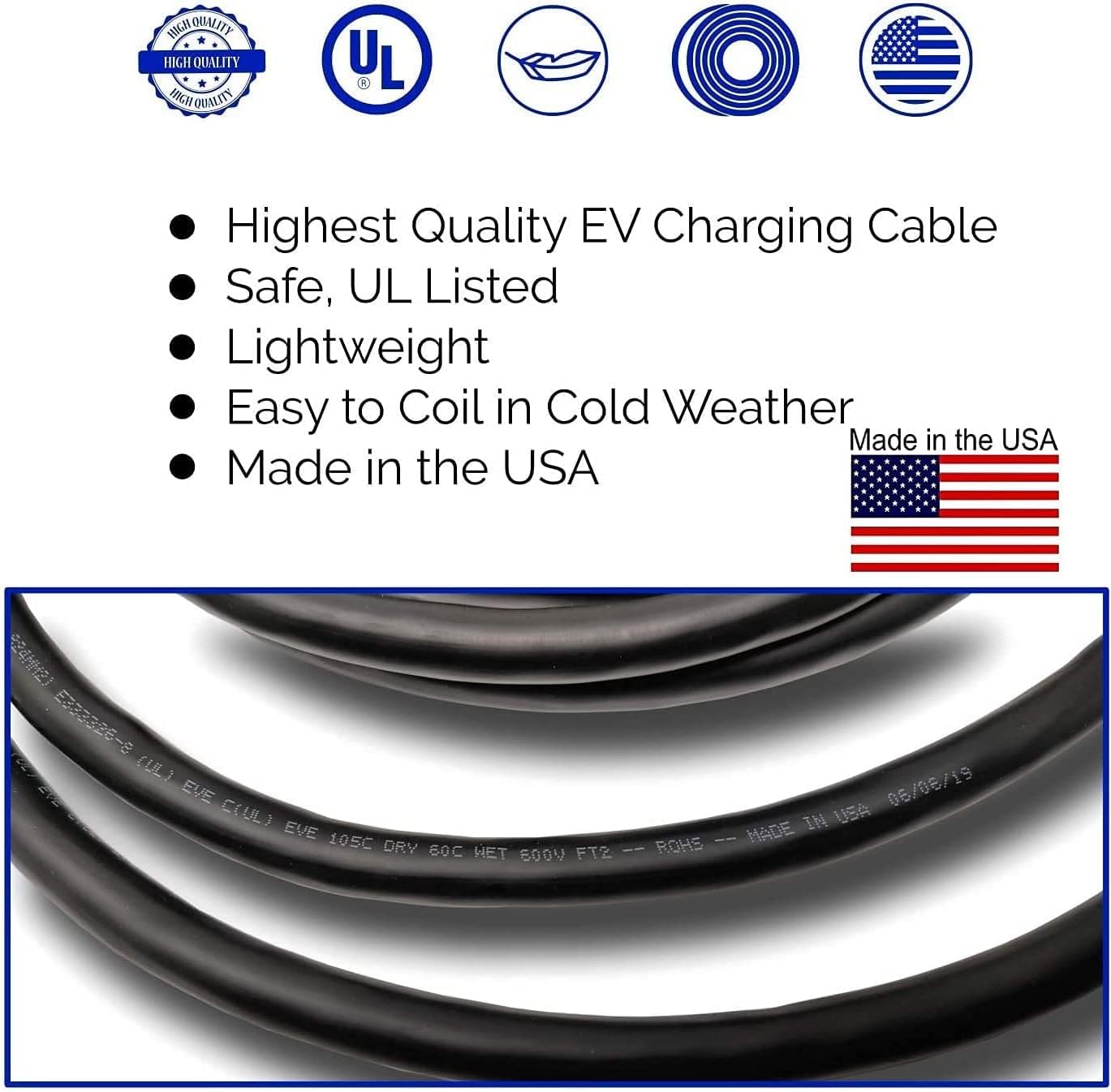 Inteset 25' 40A EV Charger J-1772 Plug Replacement Cable, Charger End Bare Wire for Easy Replacement of Original Cable on Chargers up to 40 Amps, Made in the USA.