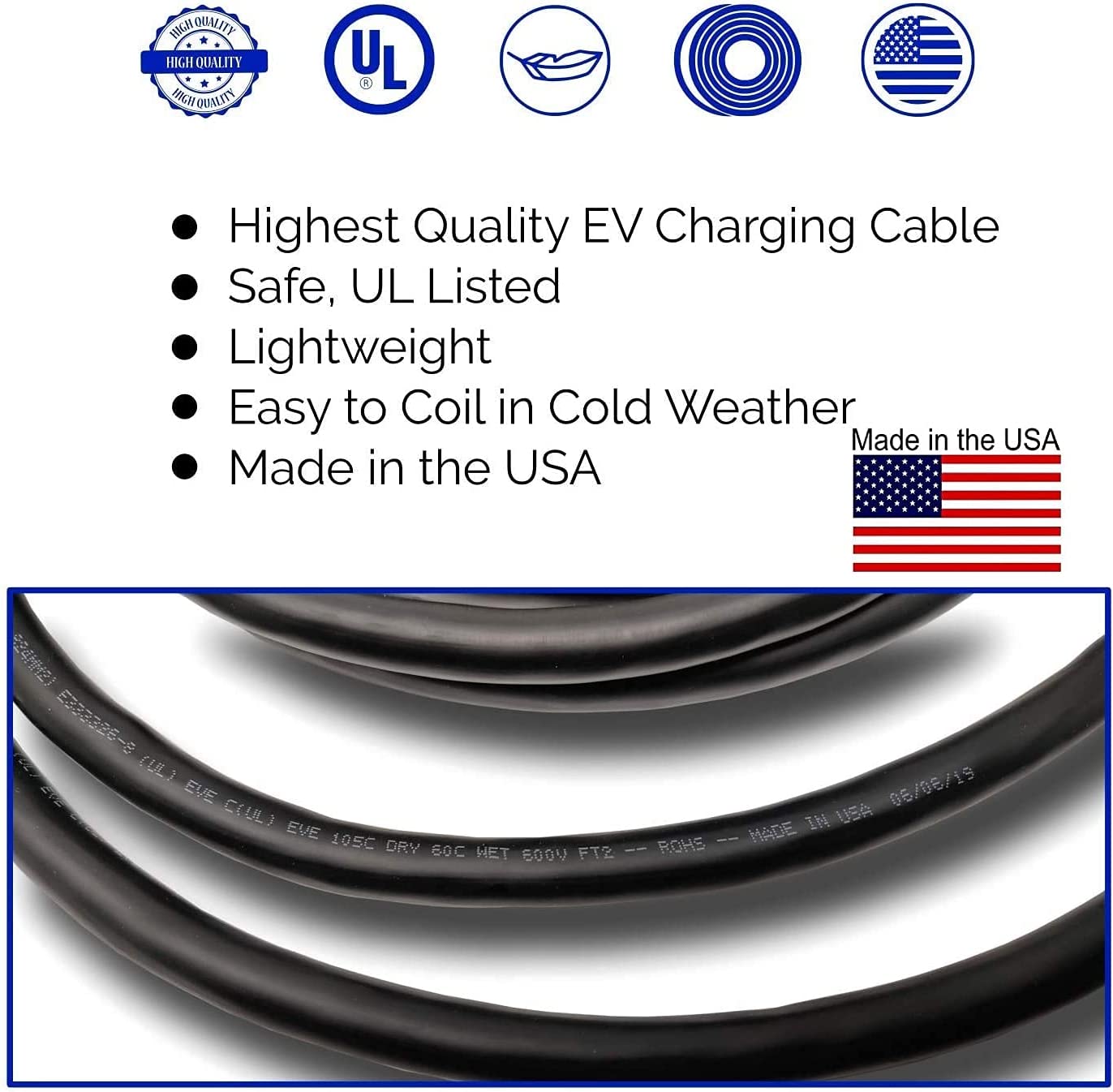 Electric Vehicle Extension Cable - 40 Amp - 12', 21', 30' - Ultra Flex - Made In USA